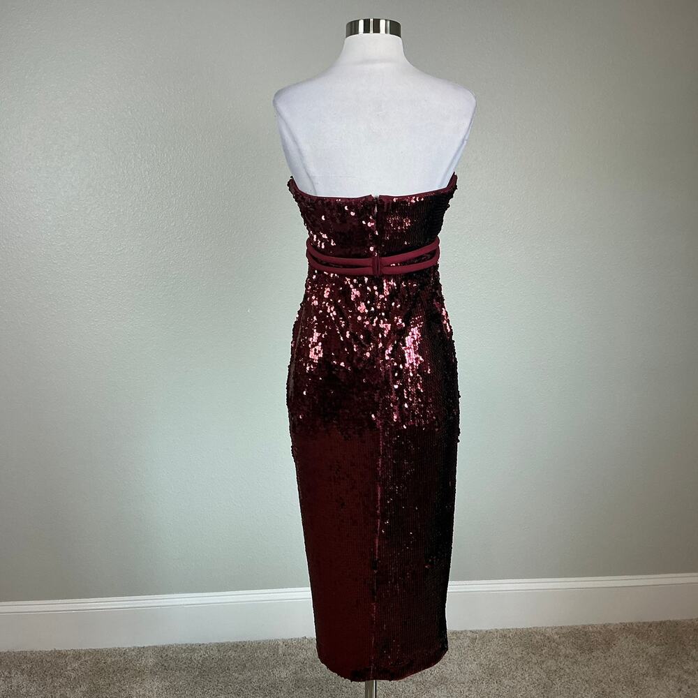 Badgley Mischka Red Cocktail Dress Sequined Strapless Belted Midi Sheath Size 16 - Picture 6 of 10